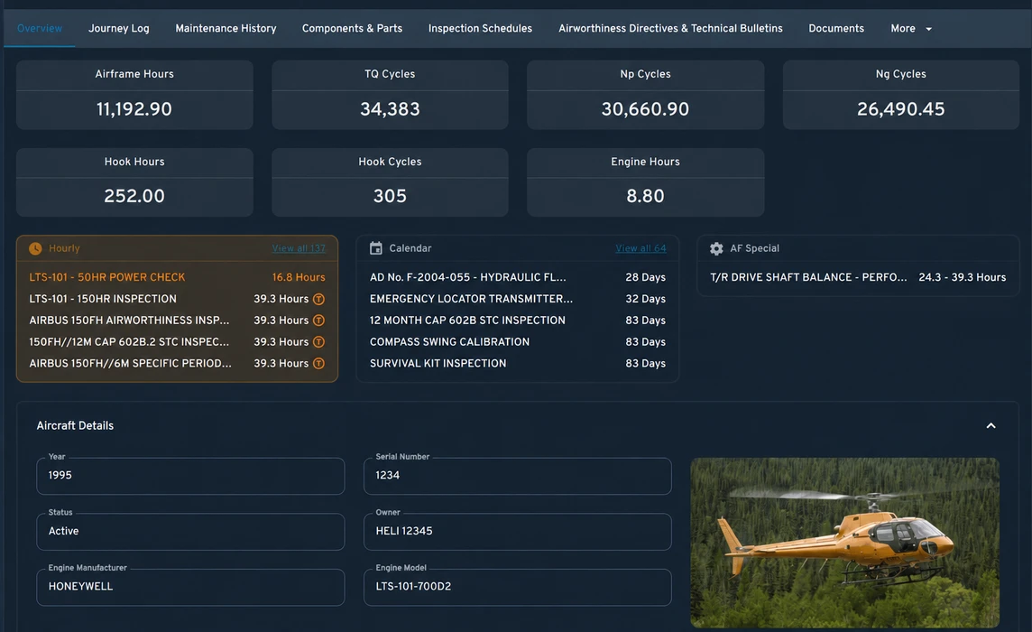 ROTYR aircraft overview showing connected status, upcoming maintenance, and records for a single aircraft